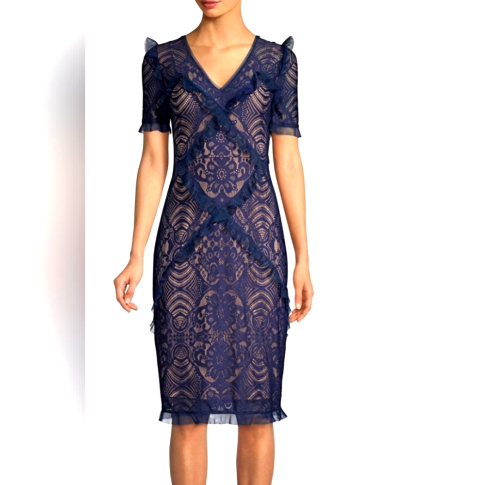 BCBG Navy Floral Stretch Lace Sheath Dress